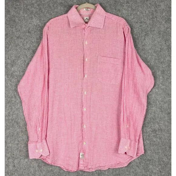 Peter Millar Linen Shirt Mens 16.5 Long Pink Check Button Up Long Sleeve Classic - Picture 2 of 13